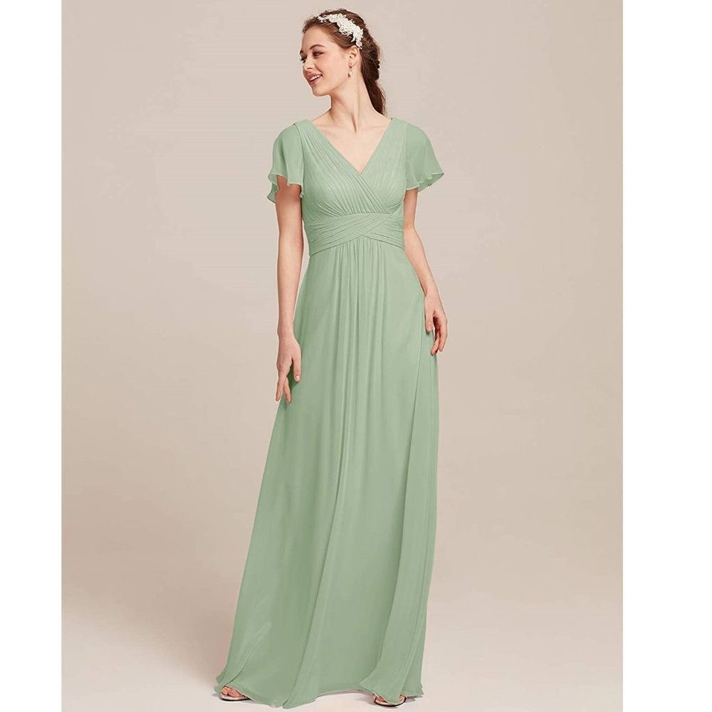 NWOT AW Griffin Chiffon Bridesmaid Dress Sleeves Sage Green Evening Gown